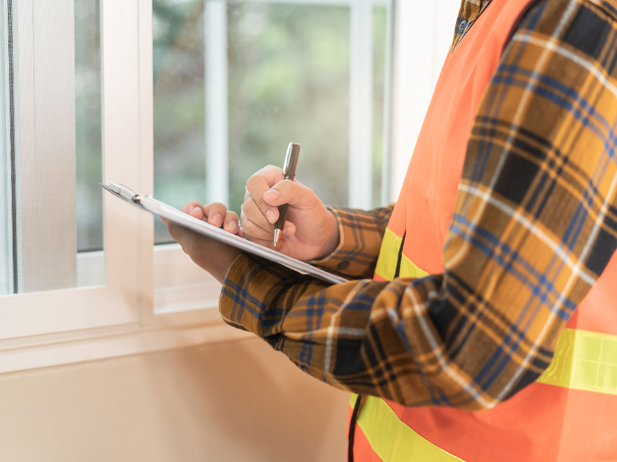 Building inspection, asian contractor young man, male inspecting